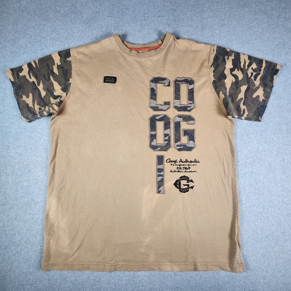 VTG COOGI Authentic Camouflage Sleeve T-Shirt Mens XXL Tan/Brown Camouflage Logo